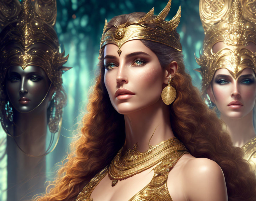 Regal woman with long curly hair, golden crown, and mirrored images