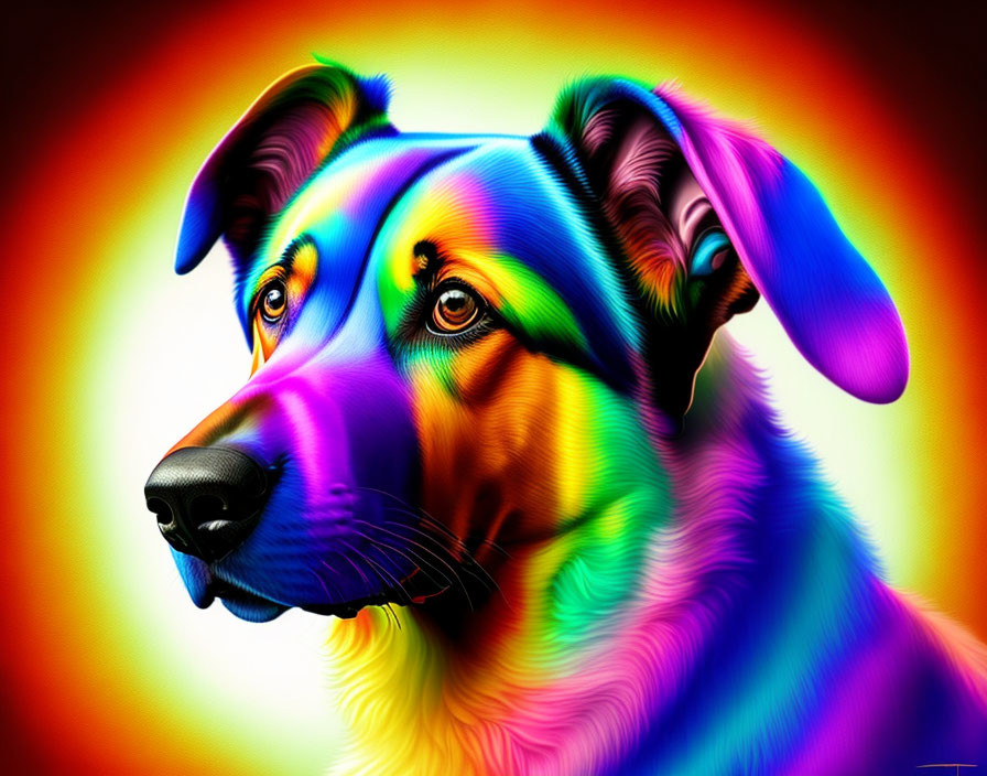 Colorful Digital Artwork: Dog with Rainbow Coat on Warm Background