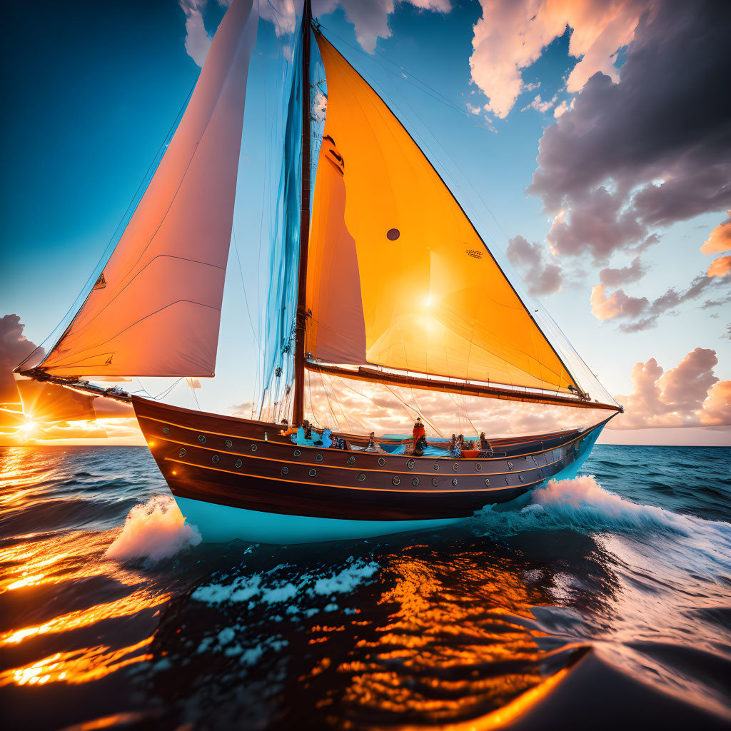 Sailboat with full sails gliding on ocean at sunset