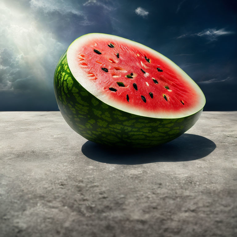 Fresh half watermelon with red flesh and seeds on rough surface under cloudy sky