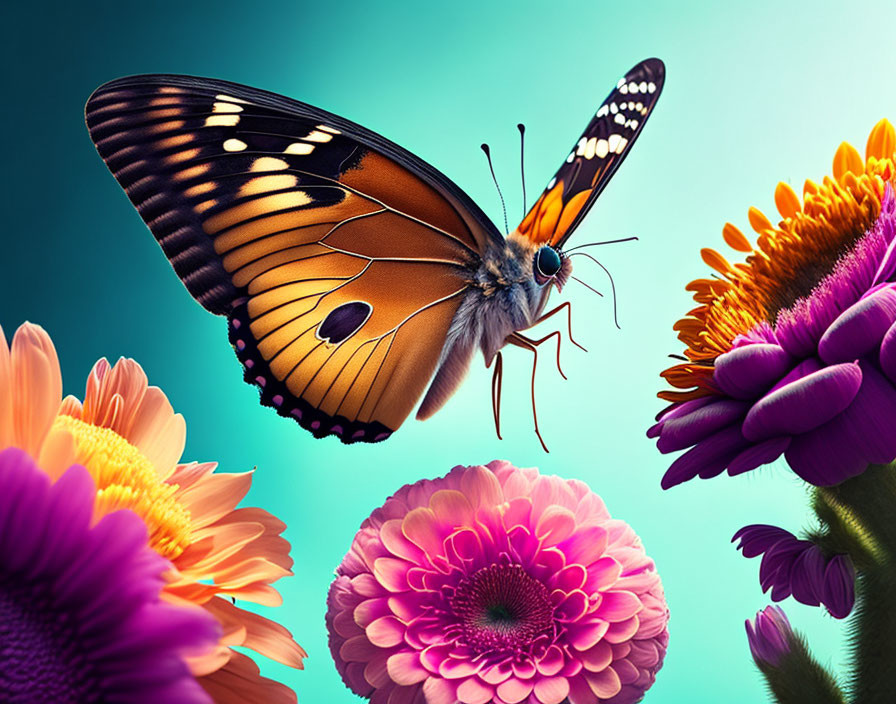 Colorful Butterfly on Pink and Purple Flowers in Teal Background