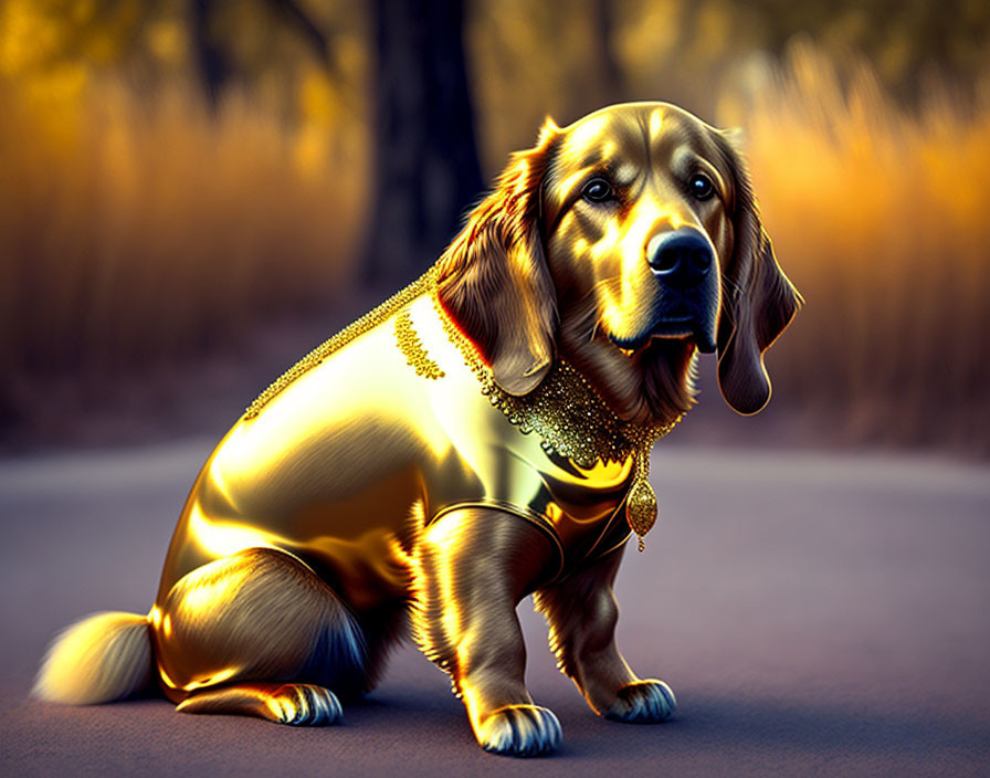 Golden retriever digital artwork: gold-themed dog on forest road