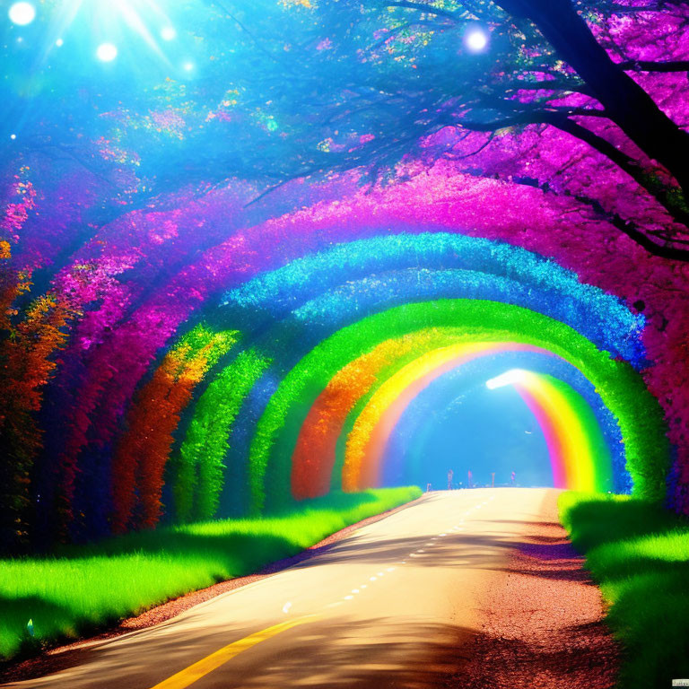 Vibrant road scene with artificial rainbow, colorful trees, and bright sun