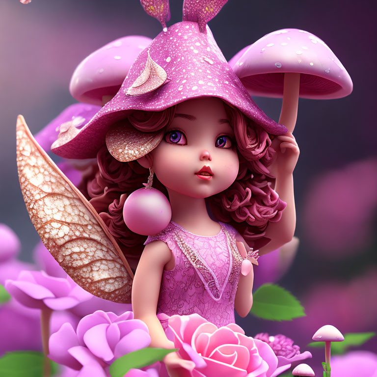 Whimsical 3D fairy illustration with expressive eyes and mushroom hat