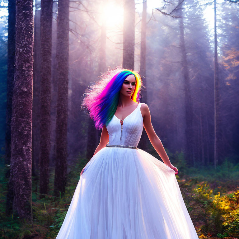 Colorful-haired woman in white dress in forest with sunlight streaming through trees