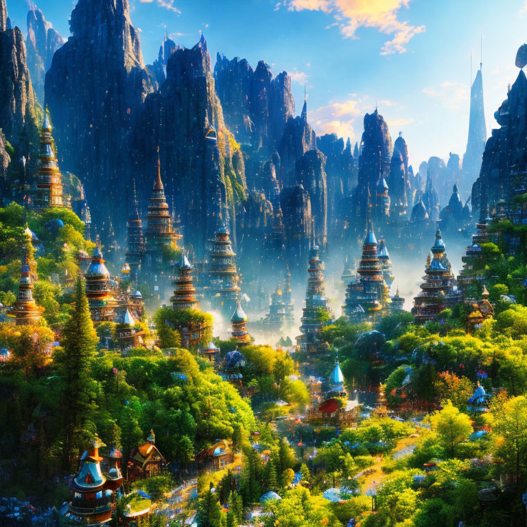 Fantastical landscape with towering spires and lush forests