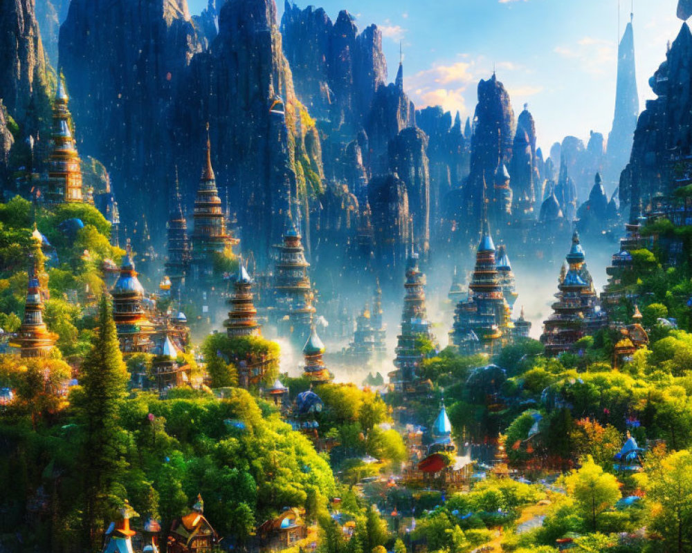 Fantastical landscape with towering spires and lush forests