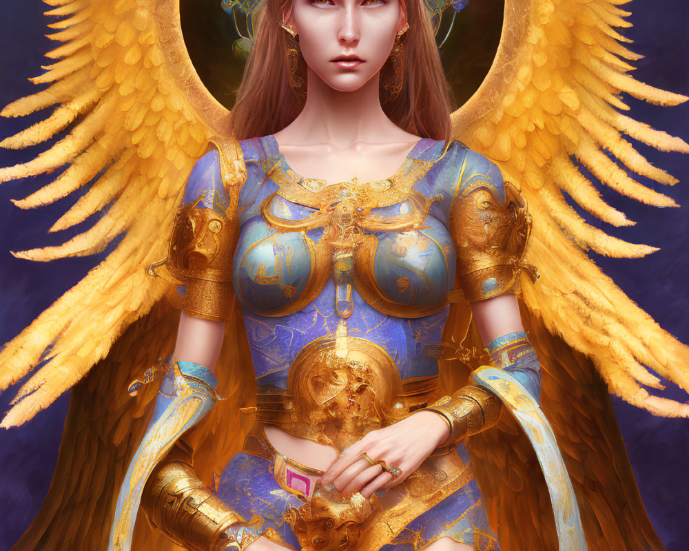 Digital art portrait of woman with golden angel wings and ornate blue and gold outfit.