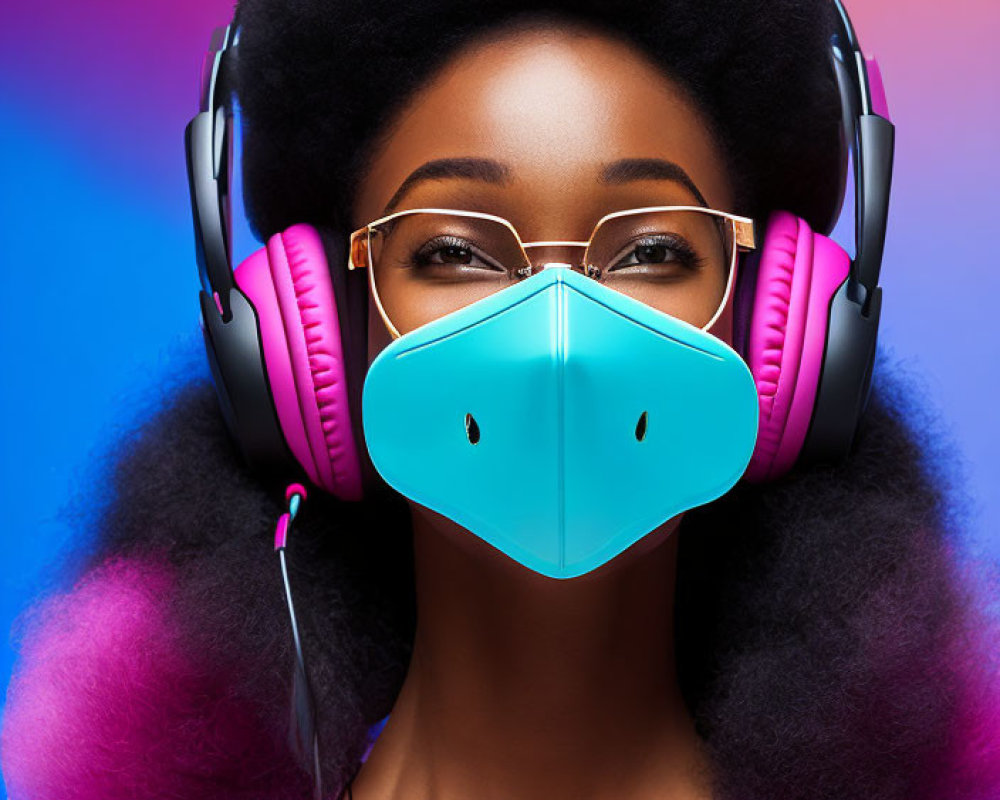 Woman with Afro in Headphones, Sunglasses, and Blue Face Mask