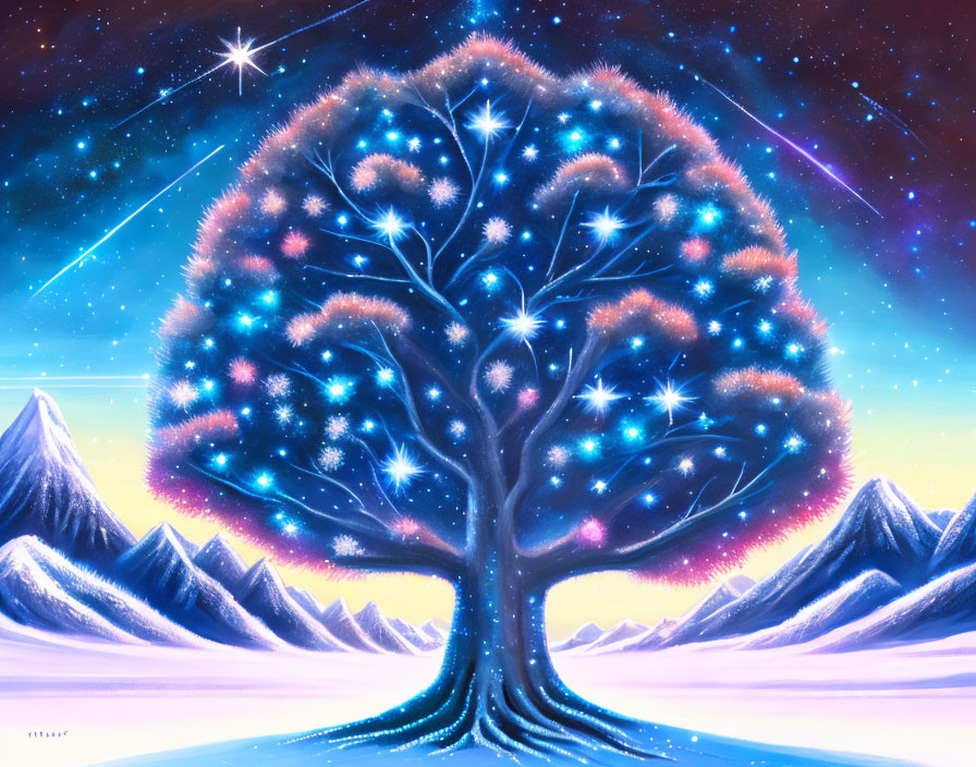 Luminous tree painting with star-like blossoms in snowy mountain landscape