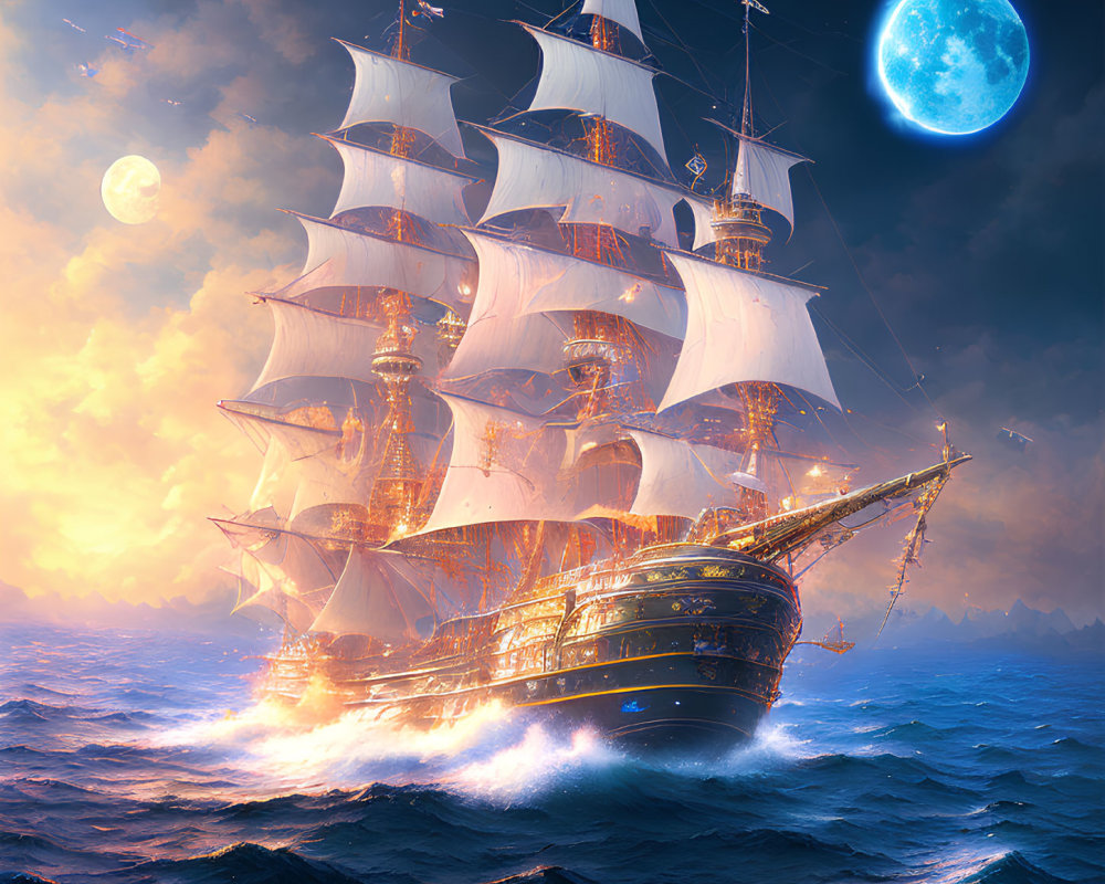 Sailing ship on turbulent ocean under blue moon & clouds
