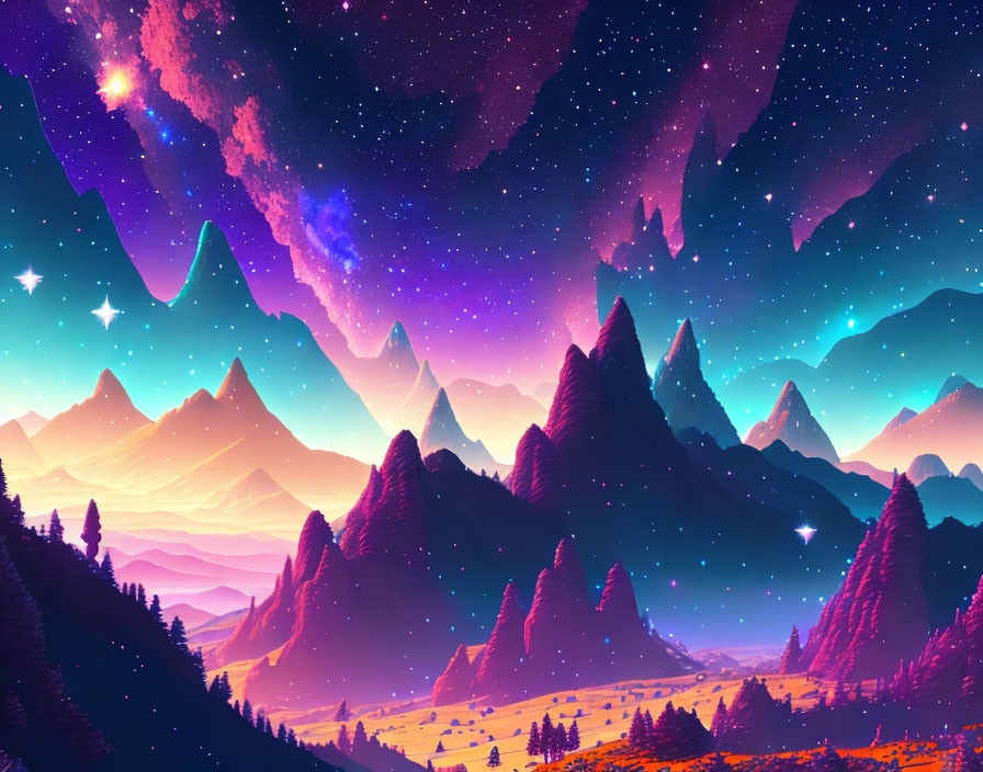 Colorful starry night digital artwork of mountain landscape with trees