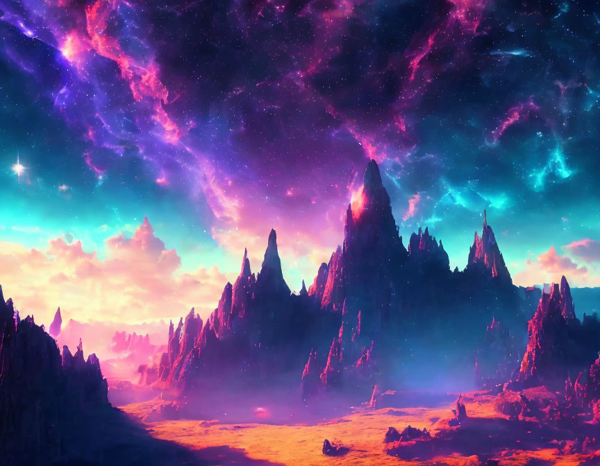 Alien landscape digital artwork with jagged mountains and colorful sky