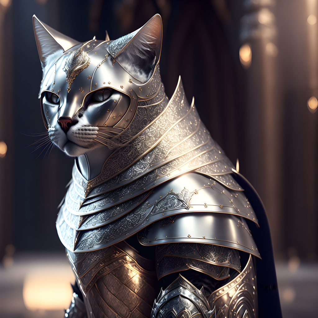 Detailed Silver Armor Cat in Medieval Hall Setting