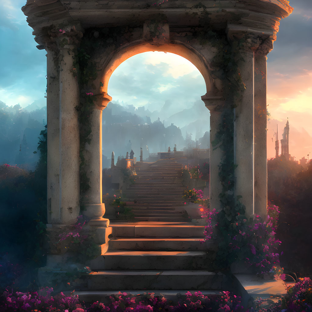 Stone archway covered in vines and flowers, staircase to misty mountains landscape