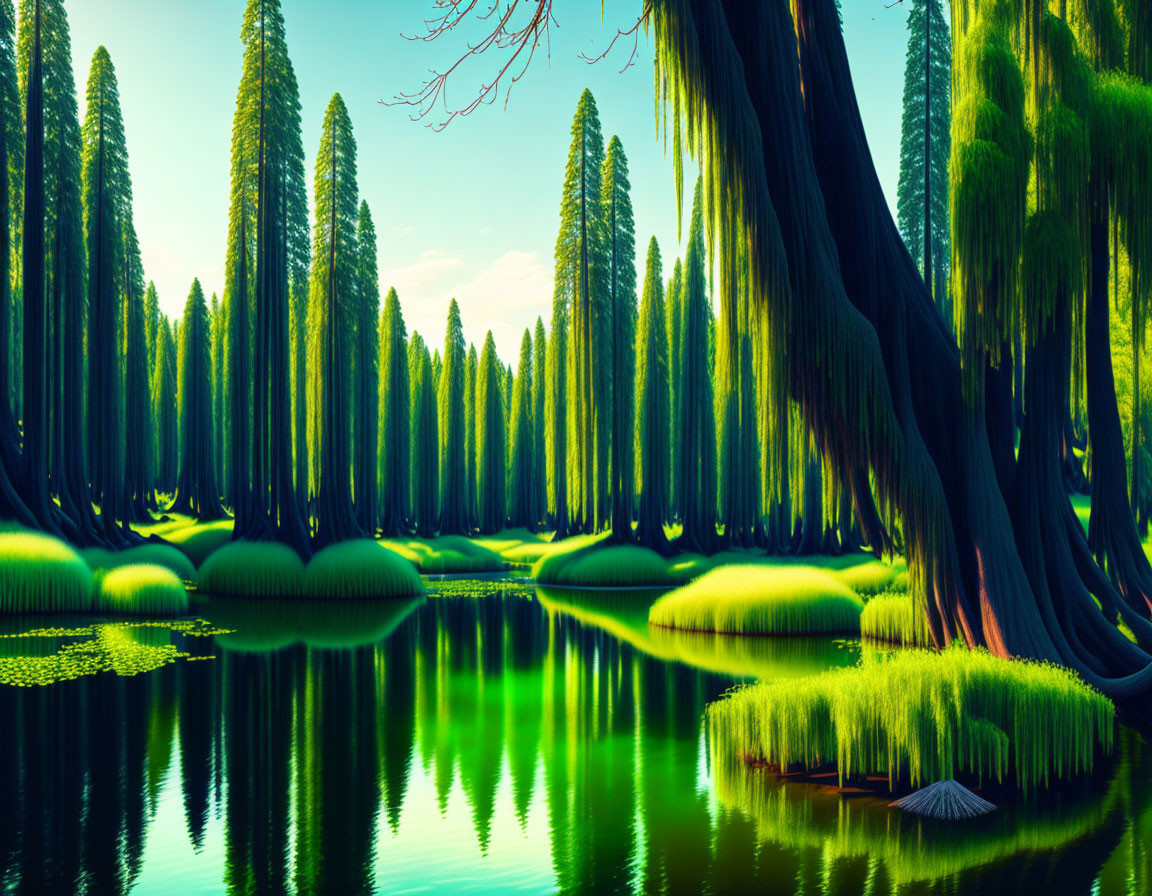Tranquil landscape: lush forest, tall trees, weeping willows, serene lake