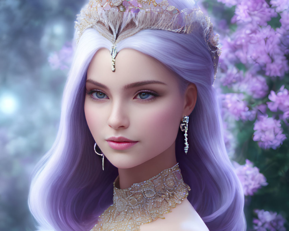Fantasy female character with purple hair and ornate crown, surrounded by lilac flowers.