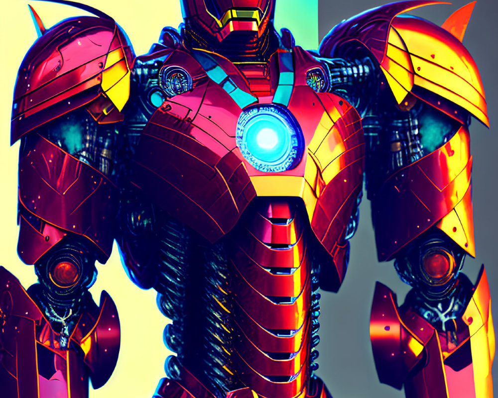 Colorful Illustration of Human-Like Robot with Arc Reactor and Knight-Like Armor