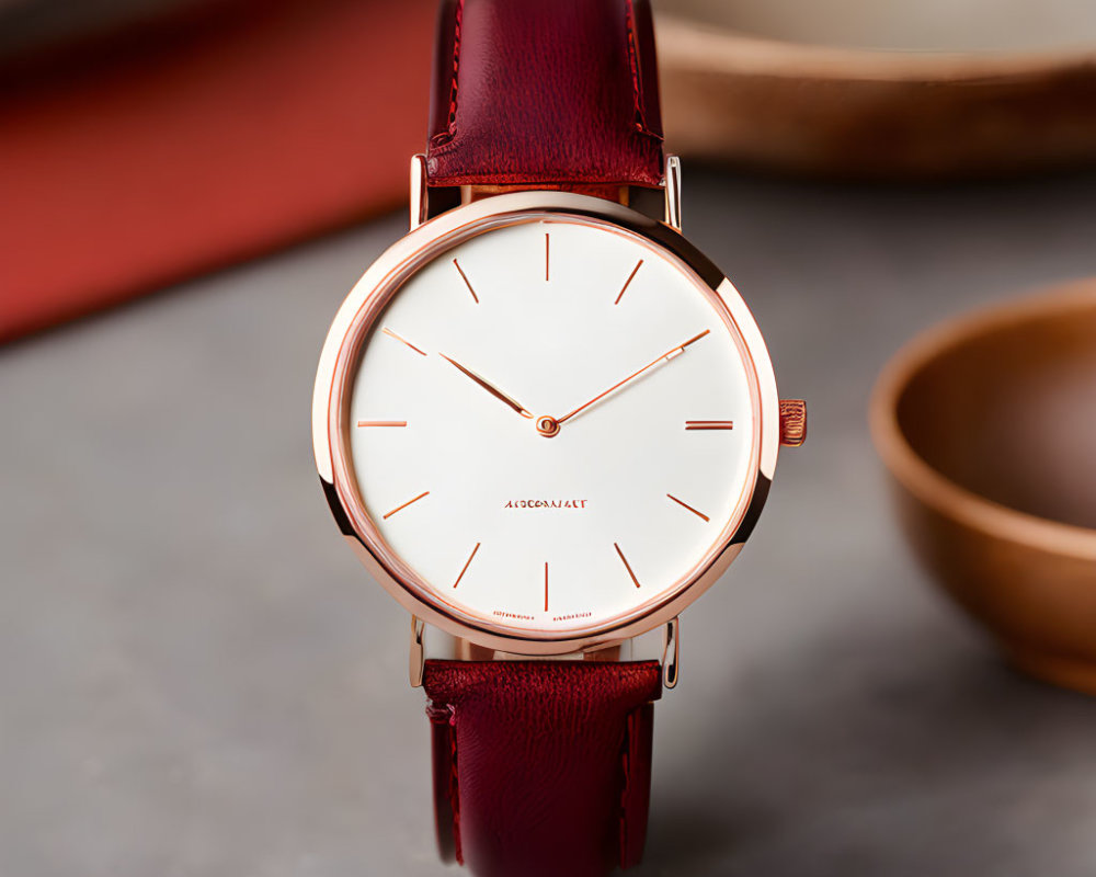 Rose Gold Watch with White Dial and Red Leather Strap on Grey Surface with Leather Pouch and Ceramic Bow