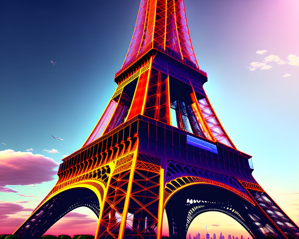 Colorful illustration: Eiffel Tower against sunset sky in blue to purple gradient