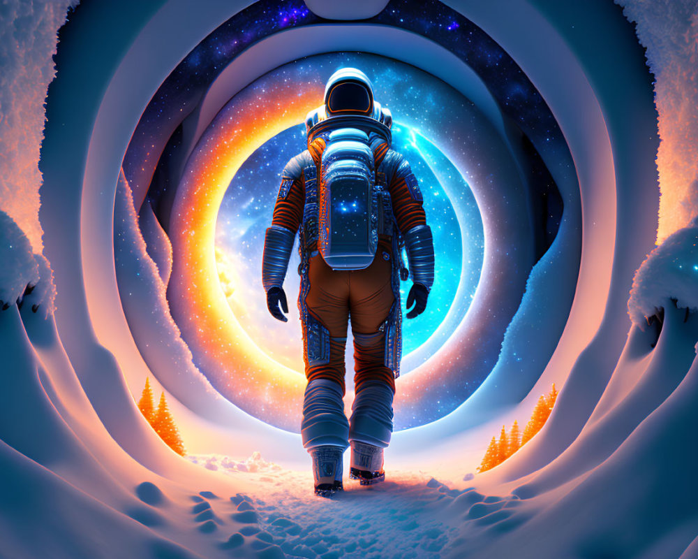 Astronaut at cosmic portal with spiral galaxy, snowy cliffs, and twilight sky