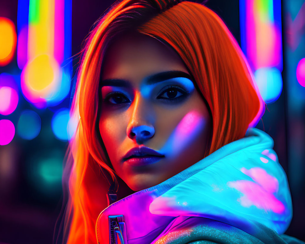 Vibrant orange-haired woman under neon lights in cityscape at night