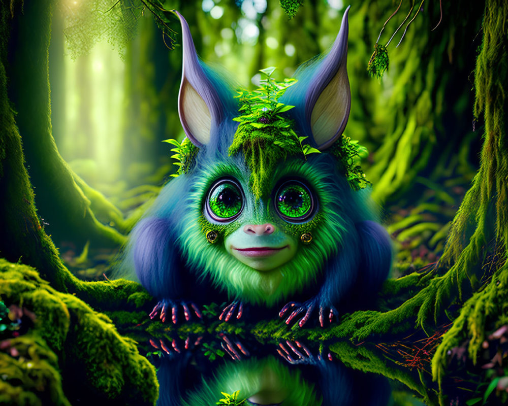 Vibrant creature with large ears in mossy forest reflection