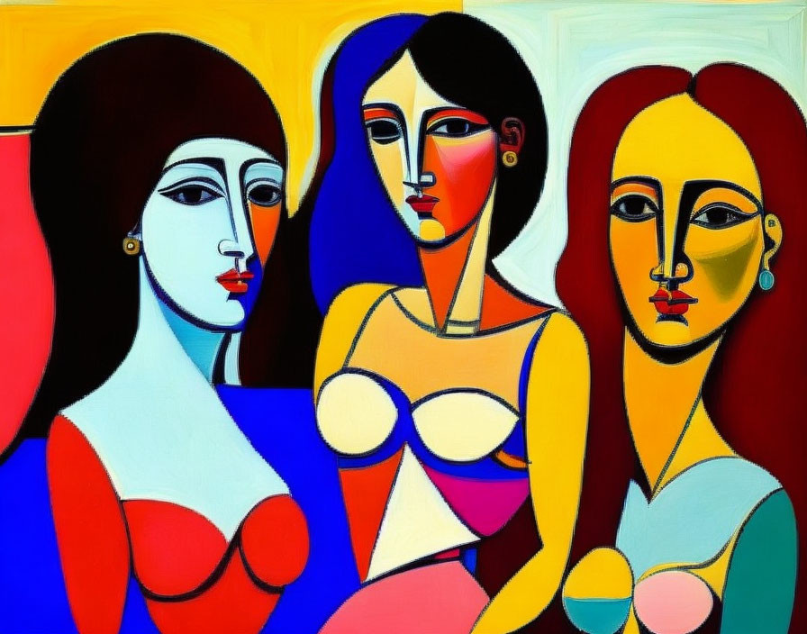 Stylized female figures with bold colors in cubist style
