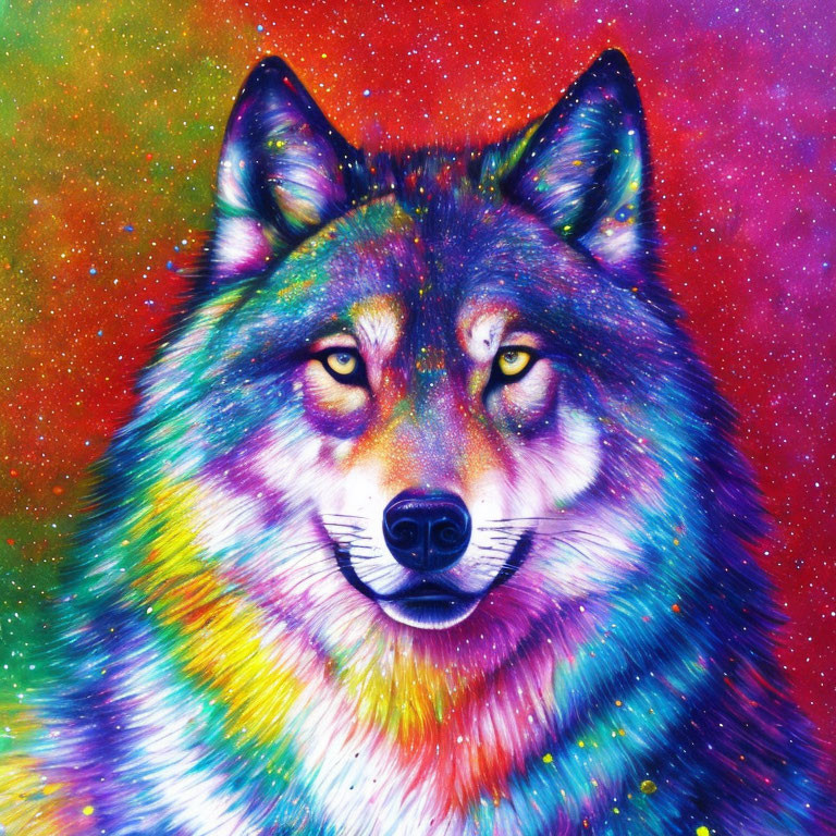 Colorful Wolf Face Illustration on Cosmic Starry Background