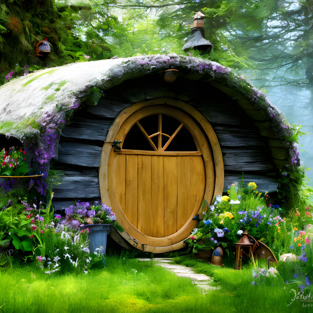 Round wooden door in lush green hill with colorful flowers and plants