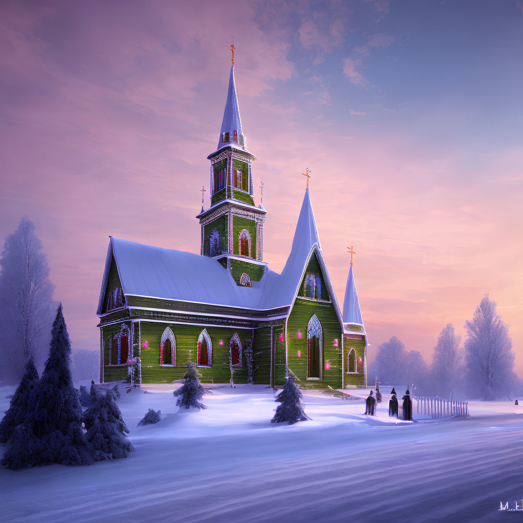 Snow-covered church at twilight with purple sky and silhouettes.