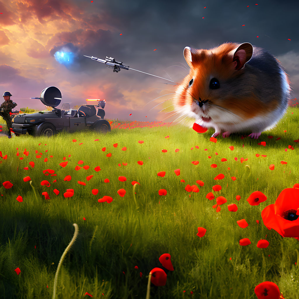 Giant hamster in poppy field with soldier and military vehicle under dramatic sky