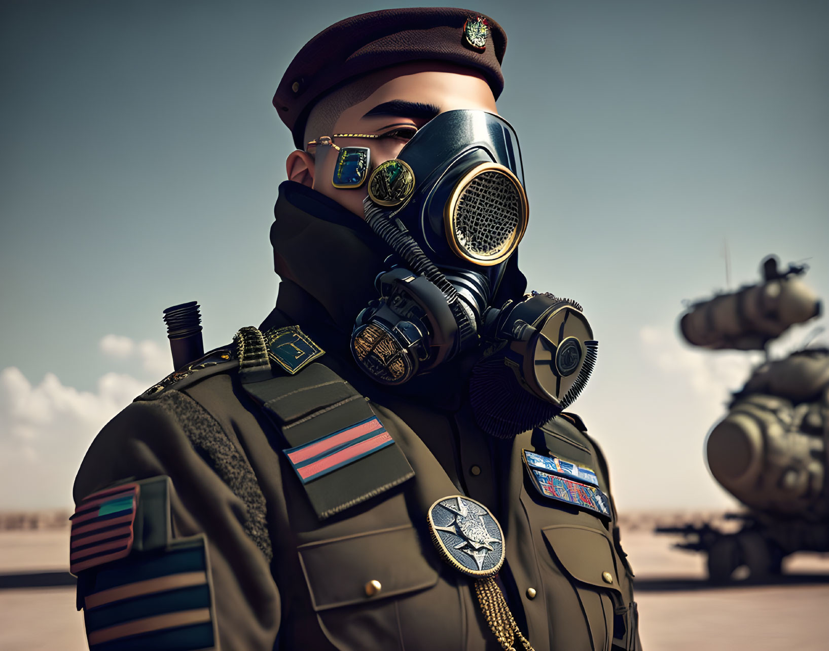 Decorated soldier in beret and gas mask at desert military base with helicopter.