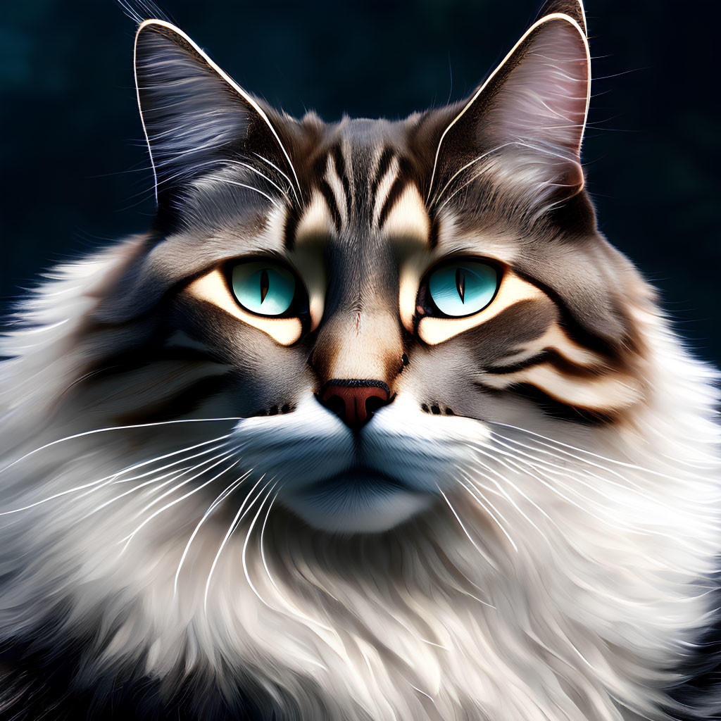 Detailed illustration of a cat with turquoise eyes and fluffy fur