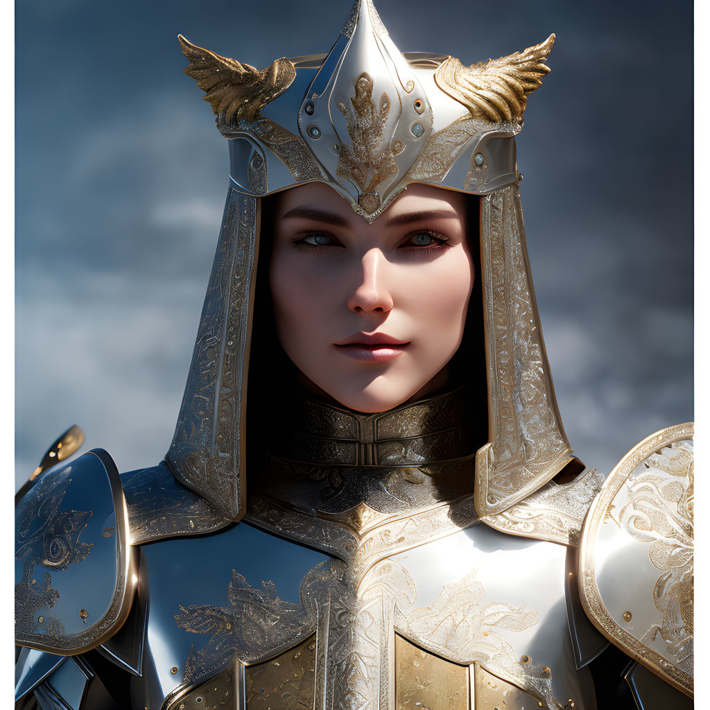 Female Knight in Silver and Gold Armor with Winged Helmet under Cloudy Sky