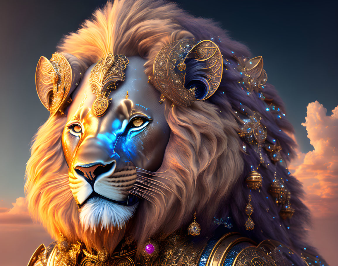 Majestic lion art in golden armor with glowing blue markings on twilight sky.