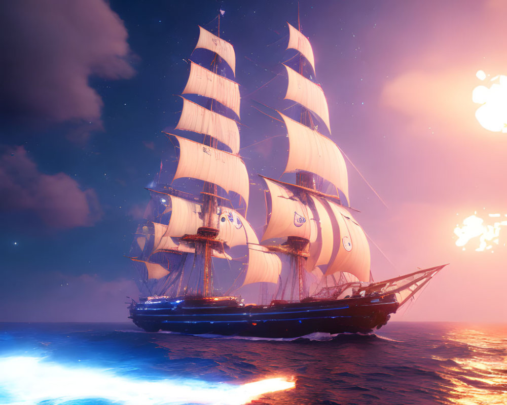 Majestic sailing ship on ocean at sunset with bioluminescent waves