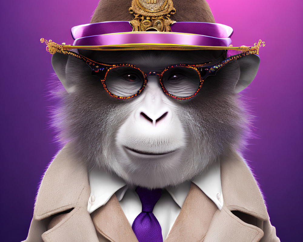 Stylish baboon in hat, glasses, coat & tie on purple background