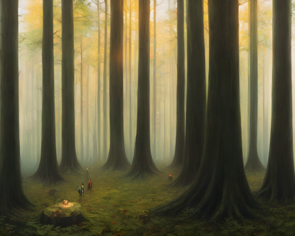 Tranquil forest scene with tall trees and figure in clearing