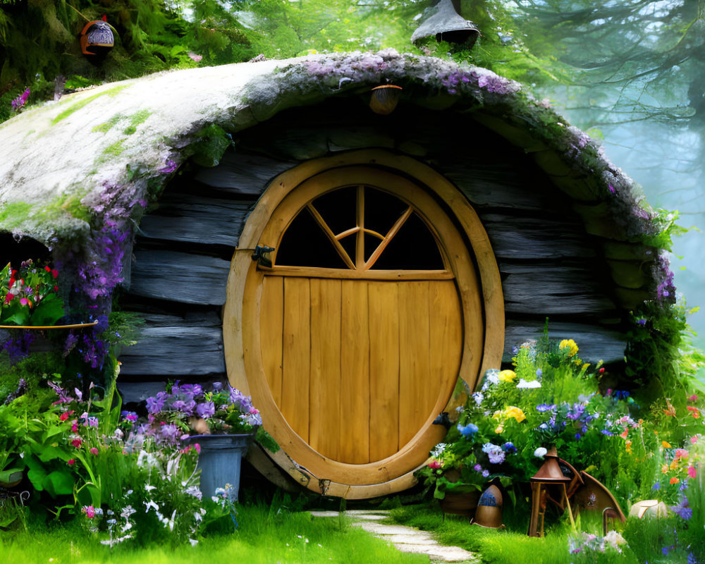 Round wooden door in lush green hill with colorful flowers and plants