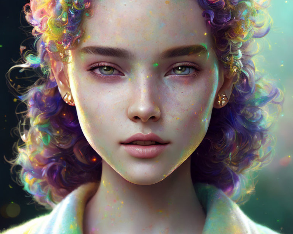Colorful curly-haired woman with freckles and glowing skin in digital portrait