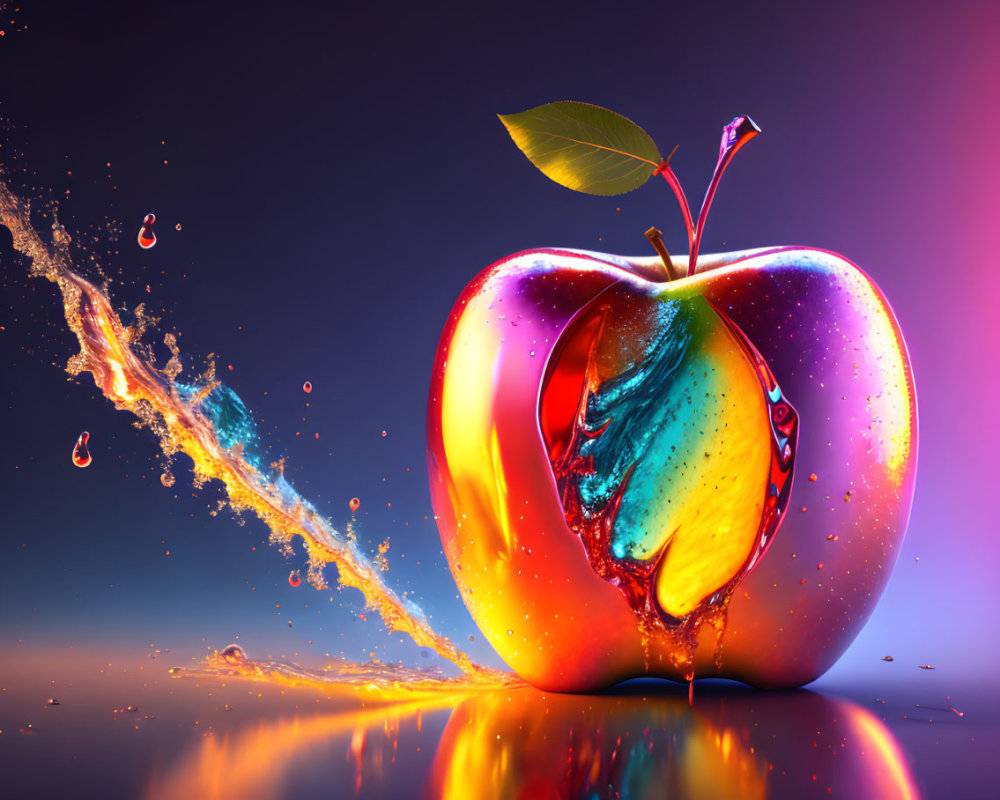 Colorful digital artwork of a multicolored apple on purple background with swirling liquid.
