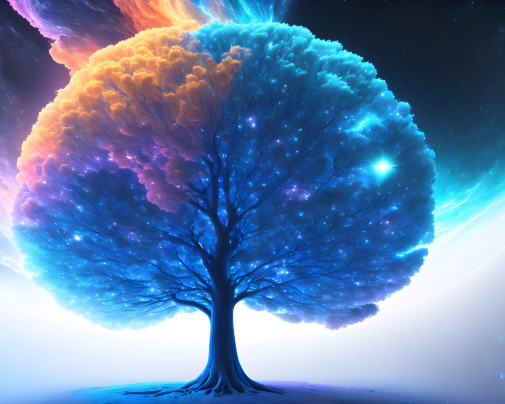 Colorful Digital Artwork: Vibrant Tree with Orange and Blue Canopy on Cosmic Background