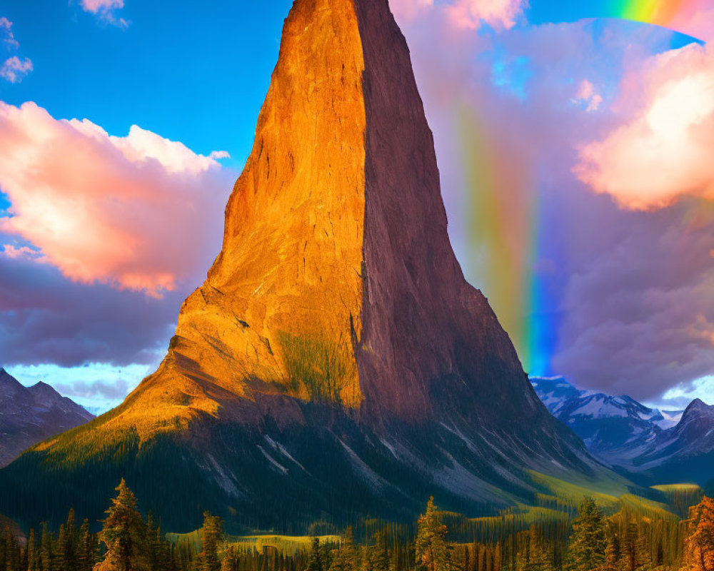 Majestic mountain peak with rainbow in vibrant sky