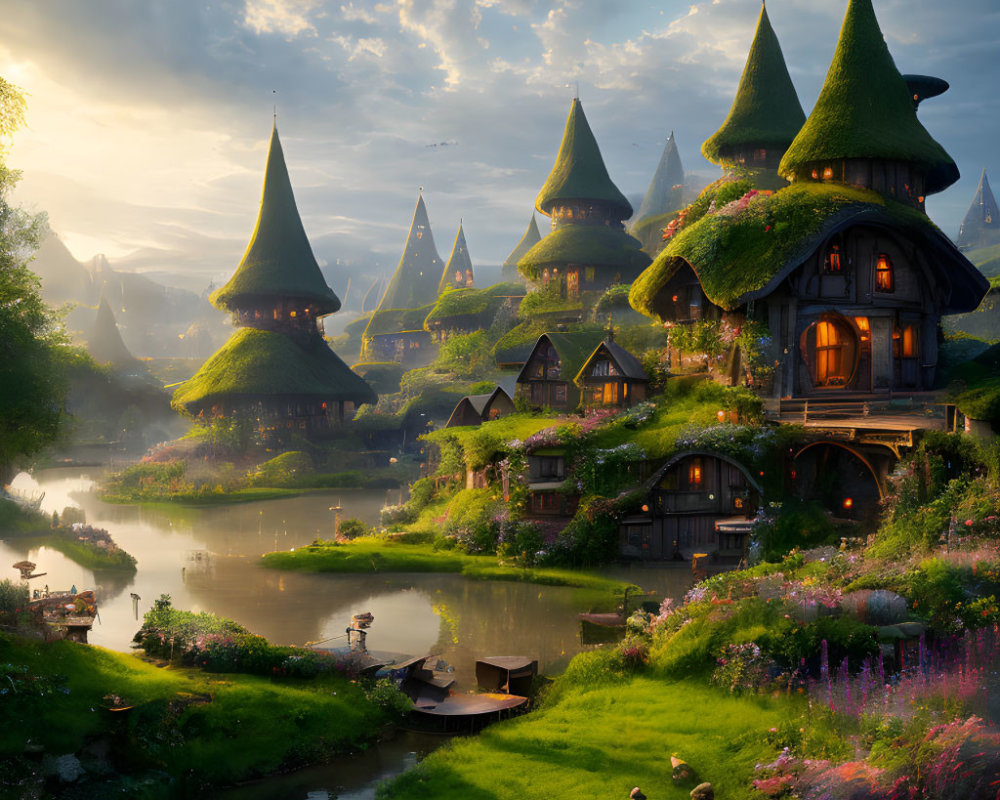 Fantasy village with thatched-roof houses and serene river