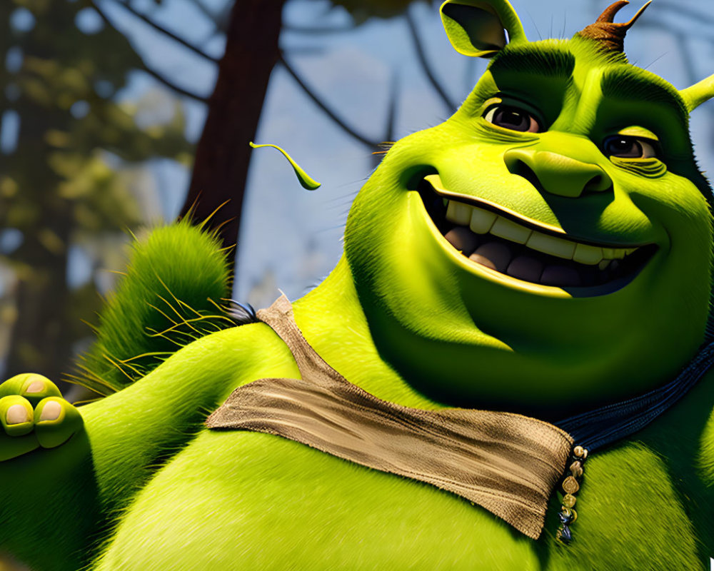 Animated green ogre in brown vest against forest background