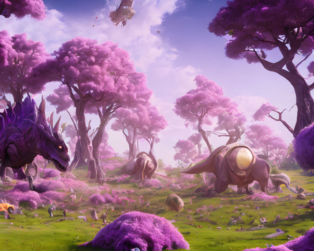 Fantasy landscape with purple foliage, dragon-like creatures, and floating rocks in pink sky