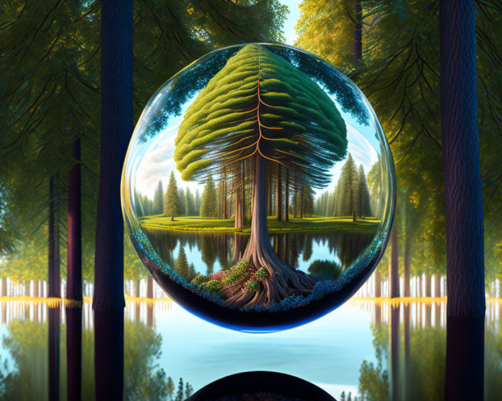 Majestic tree in transparent sphere with serene water and lush symmetrical forest