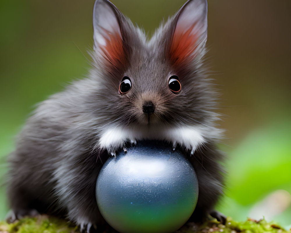 Fluffy creature with pointy ears holding blue sphere on mossy surface