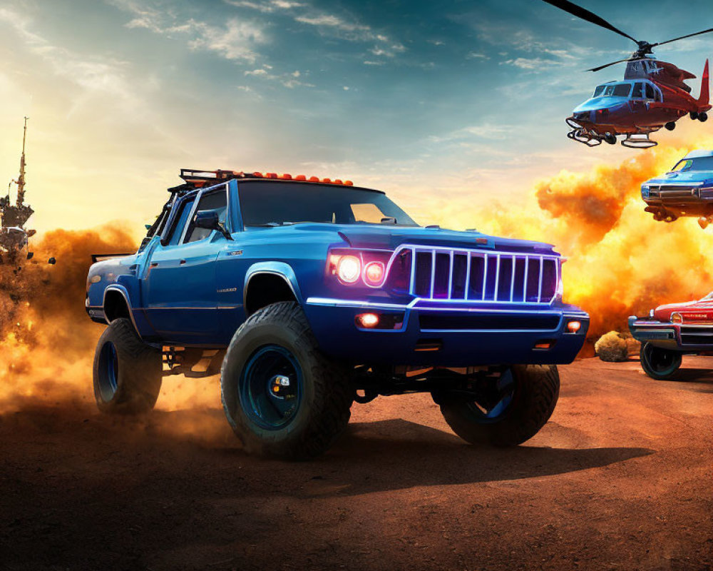 Blue monster truck with illuminated headlights in dusty setting with red helicopter and fiery explosion